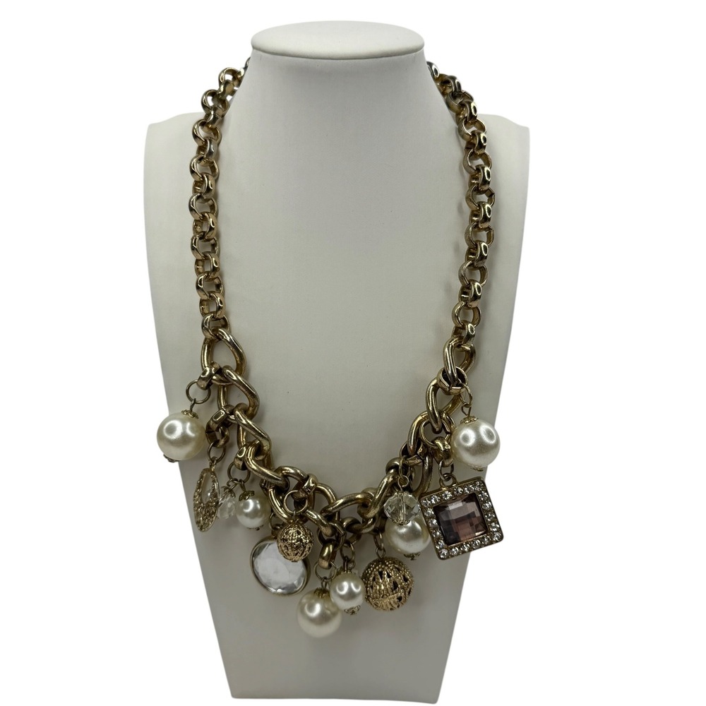 Gold Tone Chunky Charm Necklace Faux Pearl Crystal Rhinestone Statement Bib Chic